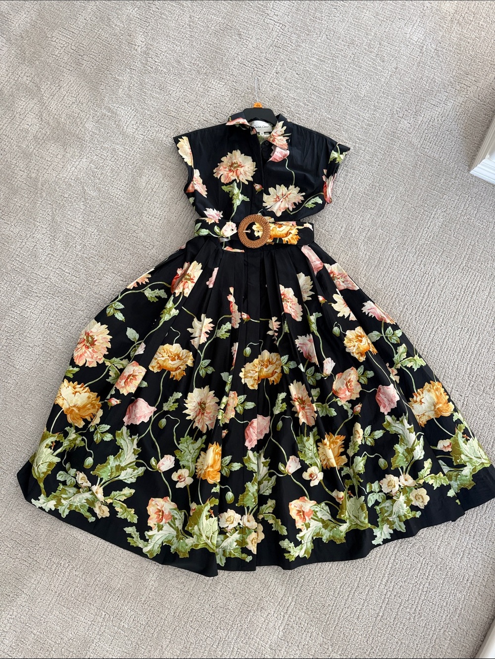 Cara Cara Octavian Black Floral Belted midi Fit-and-Flare Dress